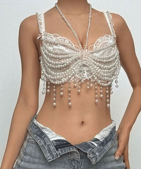Iconic Pearl Draped Lace Crop Top – Y2K Holiday Glam & Party Ready