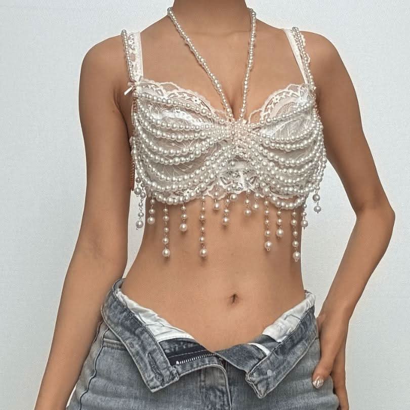 Iconic Pearl Draped Lace Crop Top – Y2K Holiday Glam & Party Ready