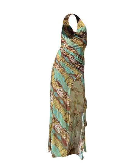 Fall Glam Alert: Leopard Print Halter Maxi Dress | Cowl Neck, High Slit & Ruched Detail