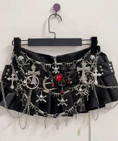 Spooky Season Edgy: Gothic Chain & Cross Pleated Mini Skirt | Alt Fashion & Halloween Ready