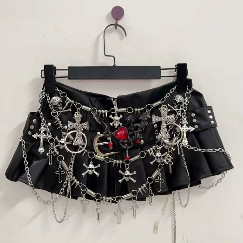 Spooky Season Edgy: Gothic Chain & Cross Pleated Mini Skirt | Alt Fashion & Halloween Ready