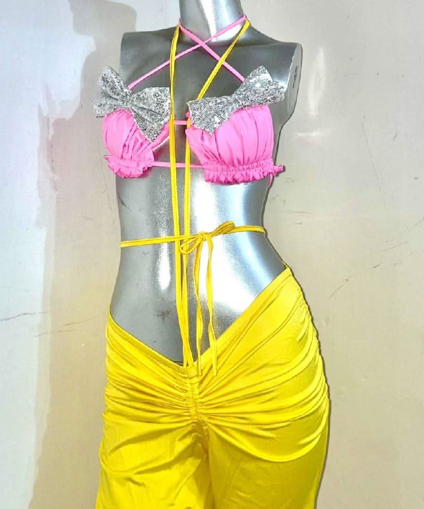 Vibrant Pink Bow Halter & Yellow Cutout Pants Set - The Ultimate Party & Resort Wear