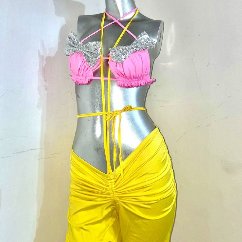 Vibrant Pink Bow Halter & Yellow Cutout Pants Set - The Ultimate Party & Resort Wear