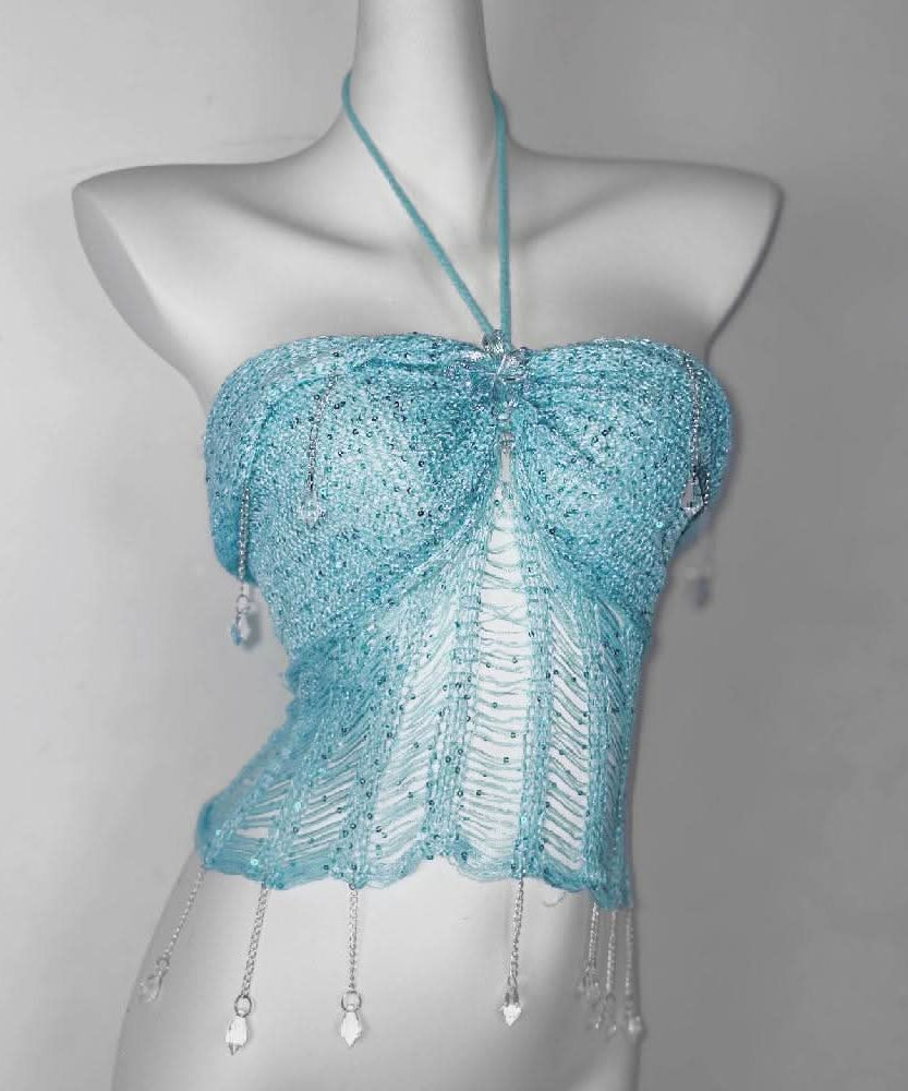 Y2K Aqua Distressed Knit Shrug & Bustier Top Set with Crystal Charms