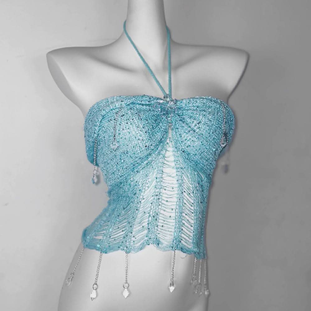 Y2K Aqua Distressed Knit Shrug & Bustier Top Set with Crystal Charms