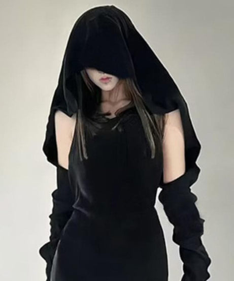 Edge & Enigma: Black Hooded Shrug & Opera Sleeve Set - Fall 2025 Alt Chic