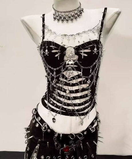 Spooky Chic Skeleton Chain Cami Top | Edgy Gothic Skull & Crosses for Halloween, Concerts & Alt Fashion