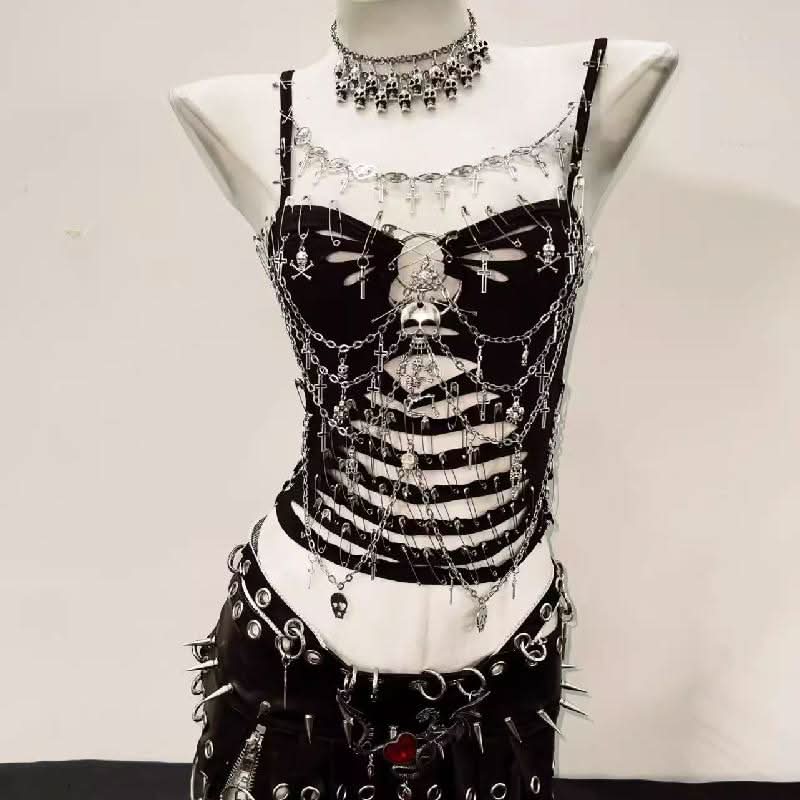 Spooky Chic Skeleton Chain Cami Top | Edgy Gothic Skull & Crosses for Halloween, Concerts & Alt Fashion