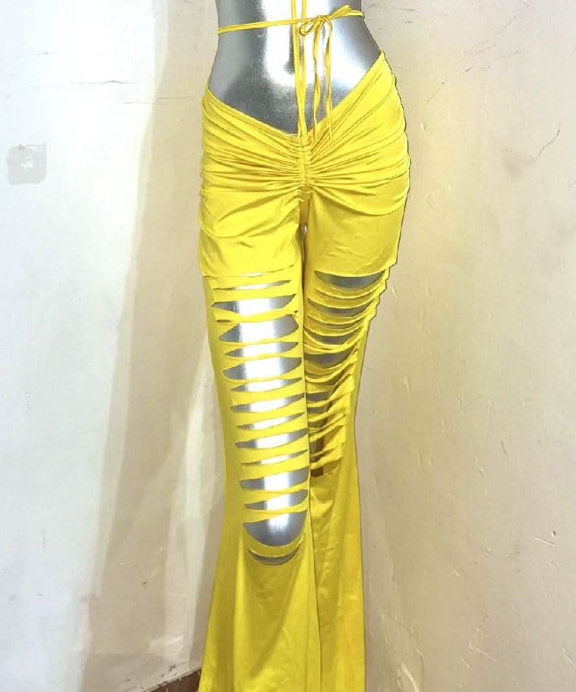 Vibrant Pink Bow Halter & Yellow Cutout Pants Set - The Ultimate Party & Resort Wear