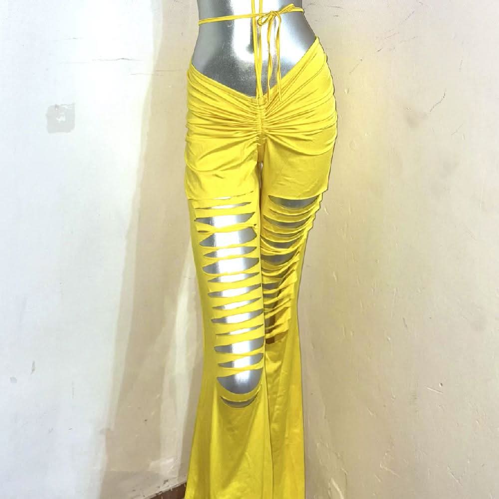 Vibrant Pink Bow Halter & Yellow Cutout Pants Set - The Ultimate Party & Resort Wear