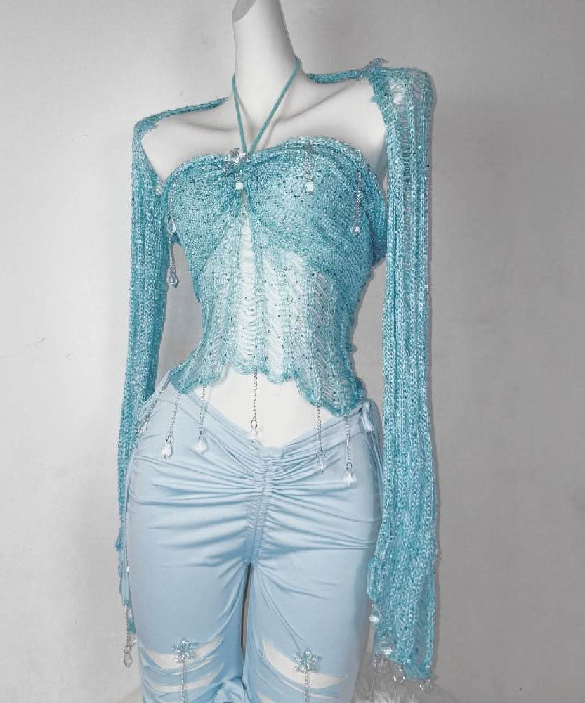 Y2K Aqua Distressed Knit Shrug & Bustier Top Set with Crystal Charms