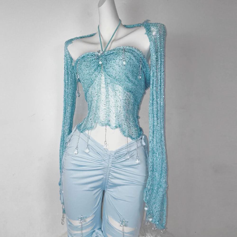 Y2K Aqua Distressed Knit Shrug & Bustier Top Set with Crystal Charms