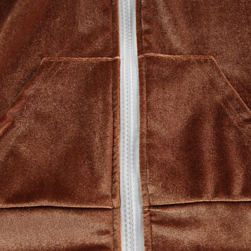 Luxe Fall Velvet Tracksuit Set for Women | Cropped Zip Hoodie & Straight Leg Pants