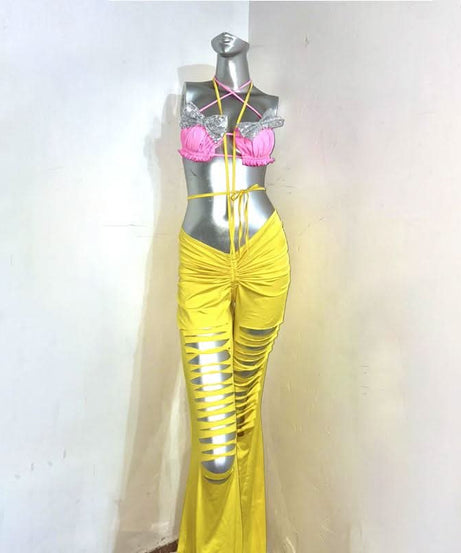 Vibrant Pink Bow Halter & Yellow Cutout Pants Set - The Ultimate Party & Resort Wear