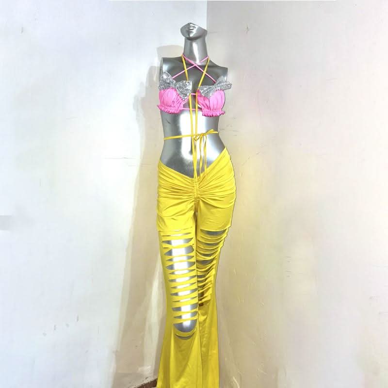 Vibrant Pink Bow Halter & Yellow Cutout Pants Set - The Ultimate Party & Resort Wear