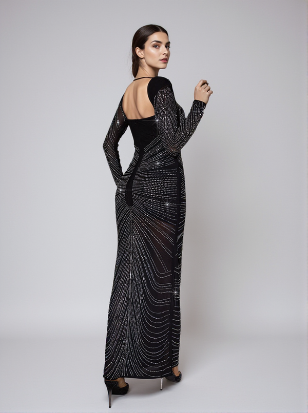 Lux Long Sleeve Crystal Maxi Dress