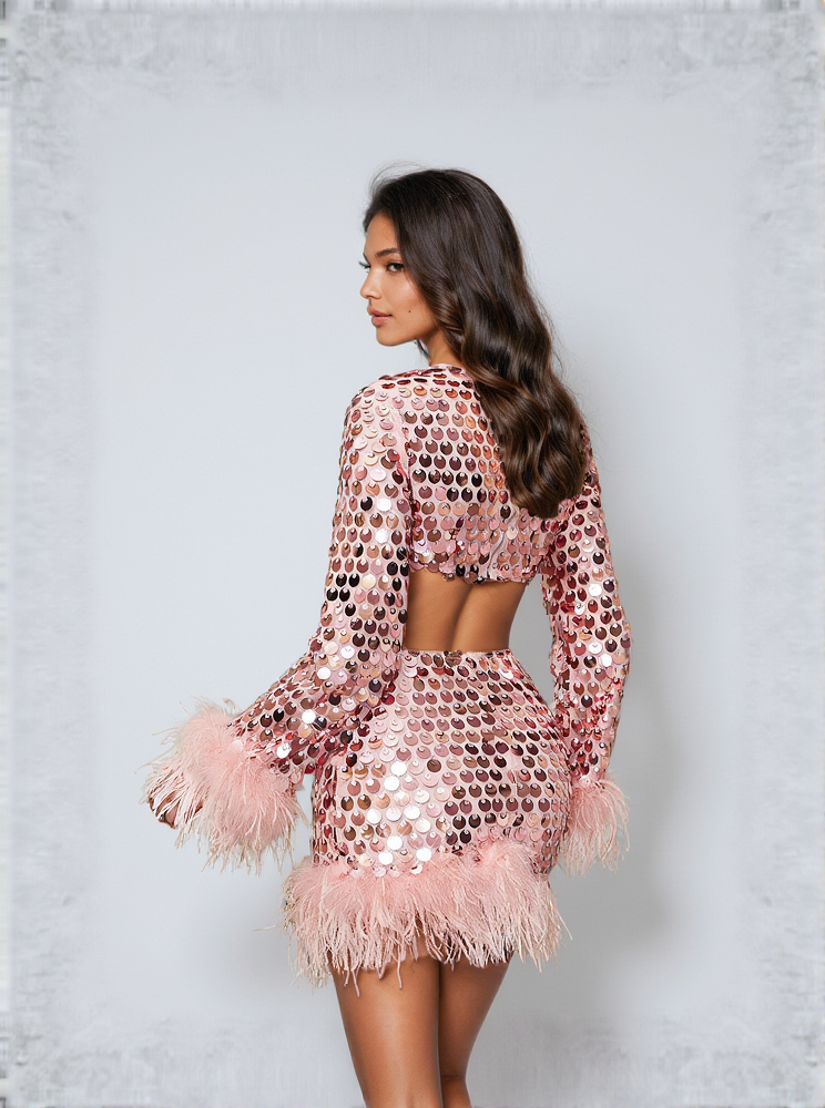 Philippine Long Sleeve Sequin Feather Cutout Mini Dress