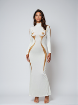 Lidal Long Sleeve Body Printed Maxi Dress In White