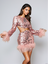 Philippine Long Sleeve Sequin Feather Cutout Mini Dress