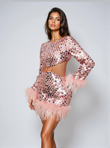 Philippine Long Sleeve Sequin Feather Cutout Mini Dress